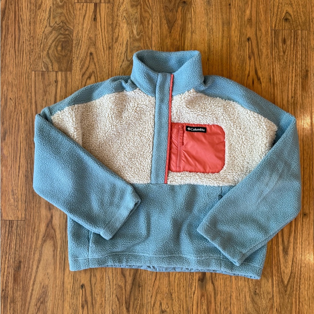 Columbia Lodge Sherpa Pullover, Snap Button, Stone Blue and Cream, Size XL